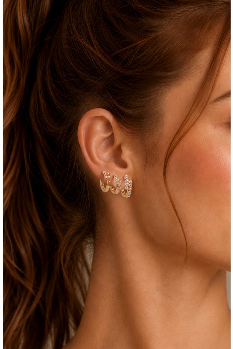 Set of 3 18k Gold Plated Huggie Hoop Earrings, Alternate, color, GOLD