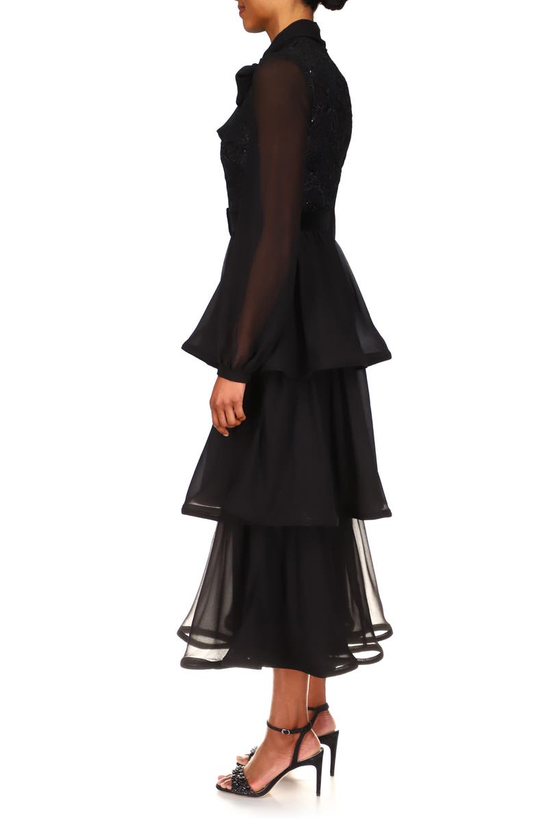 Badgley Mischka Collection Badgley Mischka Long Sleeve Tiered Georgette Cocktail Dress, Alternate, color, Black