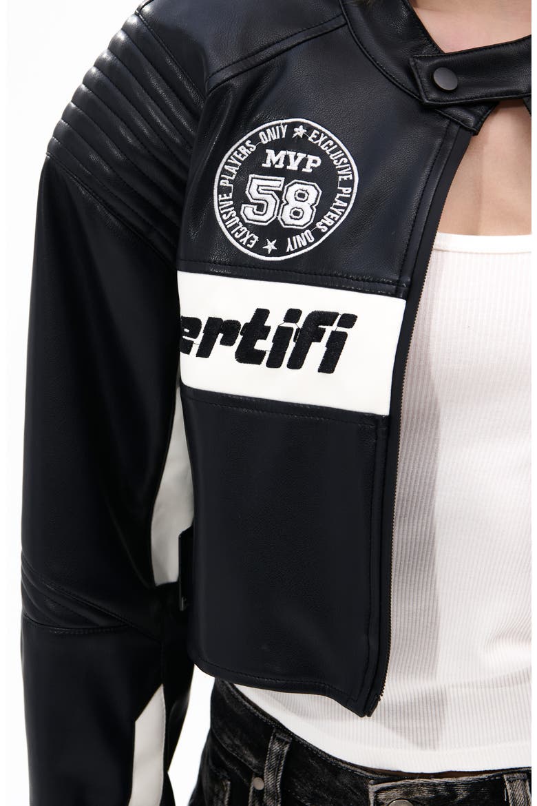Crop Faux Leather Racing Jacket, Alternate, color, BLACK