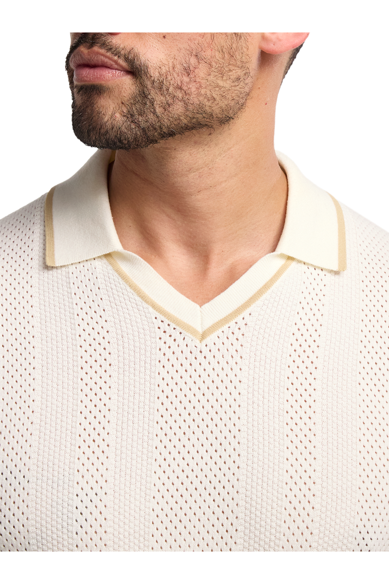 Cotton Crochet V-neck Polo, Alternate, color, White