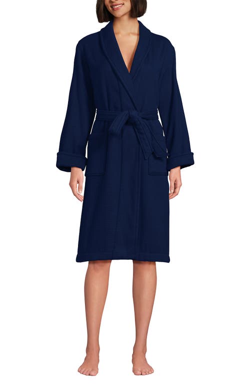 Lands' End Cotton Terry Knee Length Spa Bath Robe In Deep Sea Navy