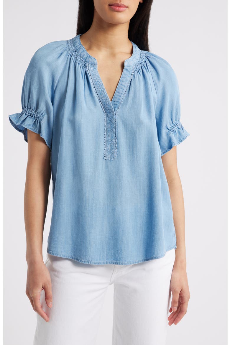 Smocked Embroidered Chambray Top, Main, color, LIGHT BLUE