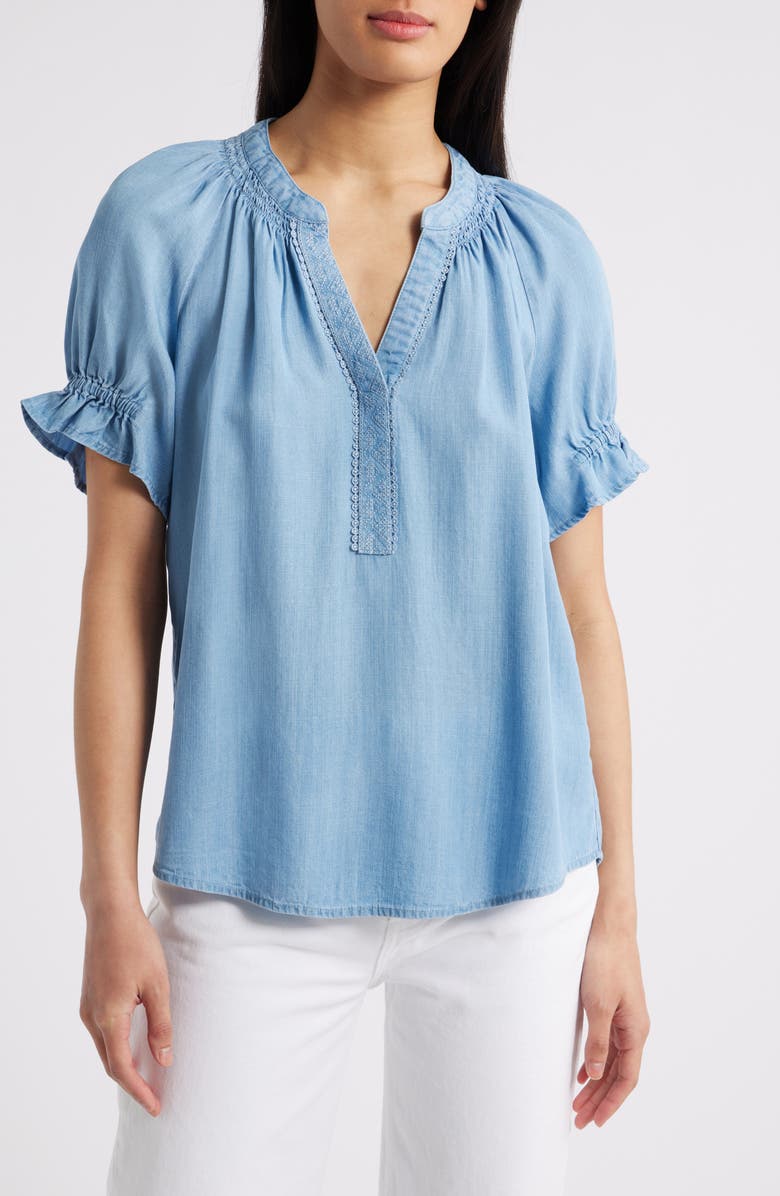 Wit & Wisdom Smocked Embroidered Chambray Top, Main, color,