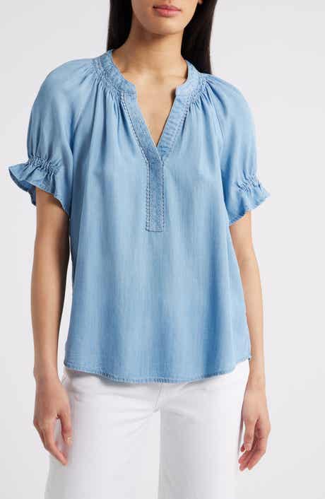 Smocked Embroidered Chambray Top