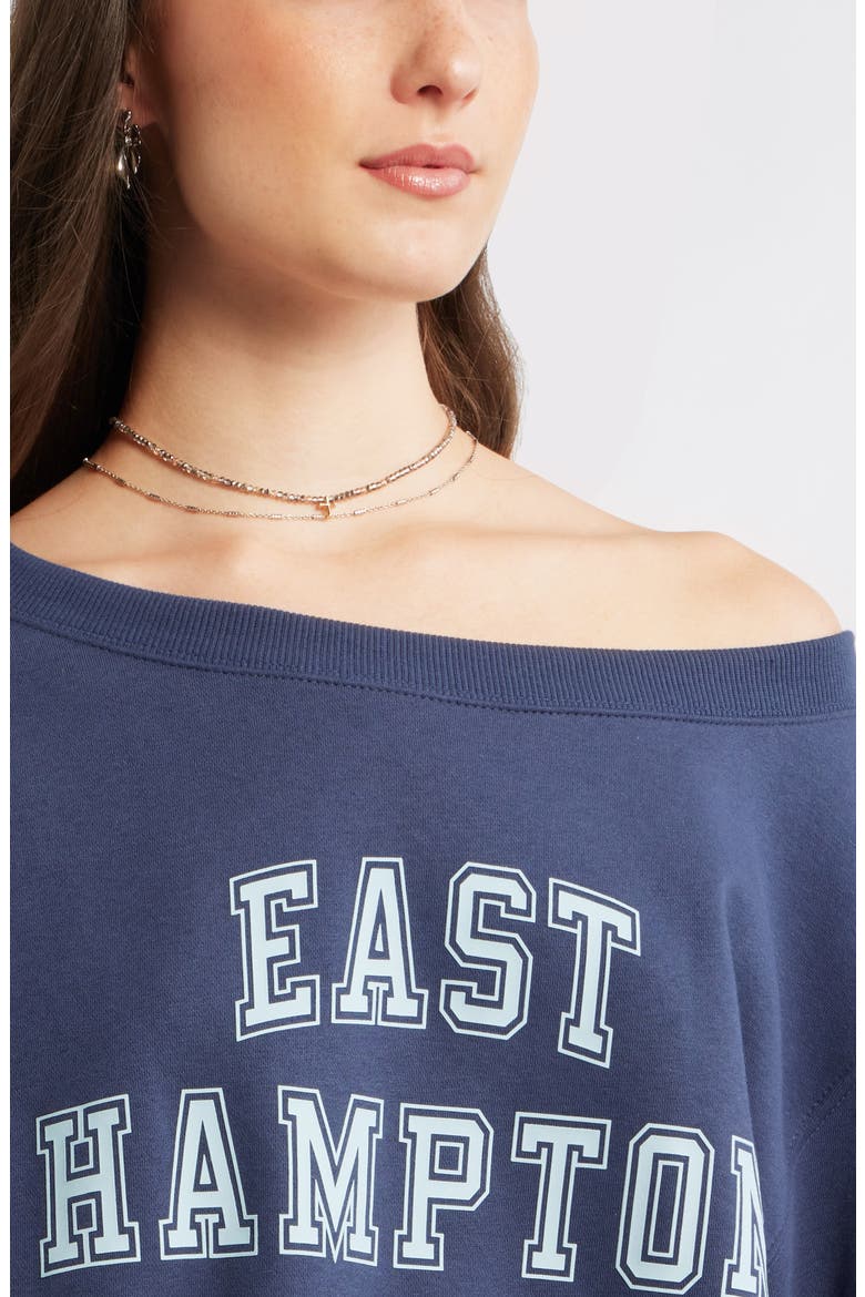 Off the Shoulder Fleece Graphic Sweatshirt, Alternate, color, NAVY- BLUE HAMPTON