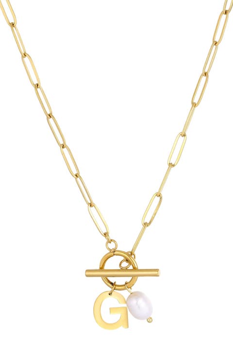 18K Gold Plated Pearl & Initial Toggle Pendant Necklace