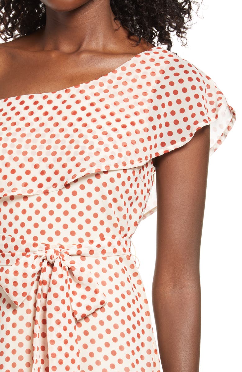 Lulus Polka Dot Tiered One-Shoulder Dress, Alternate, color,