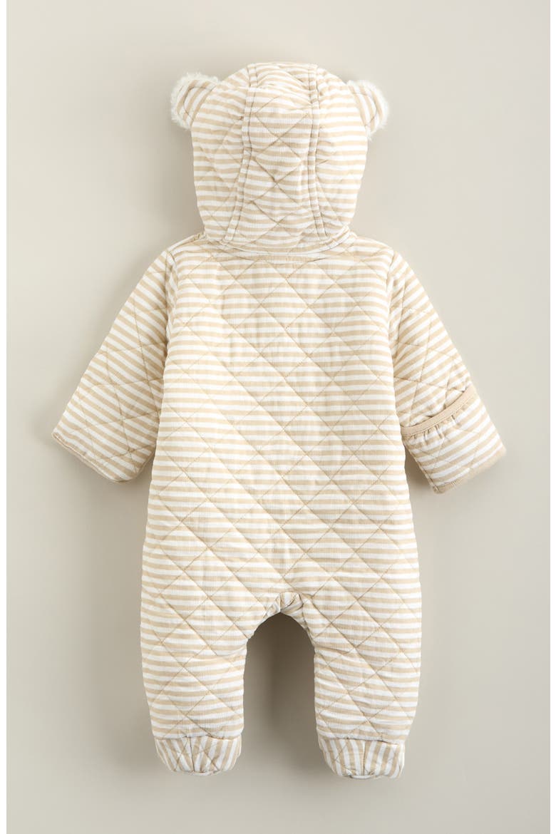 Ear Appliqué Quilted Faux Fur Lined Hooded Bunting, Alternate, color, BEIGE OATMEAL SHEA STRIPE