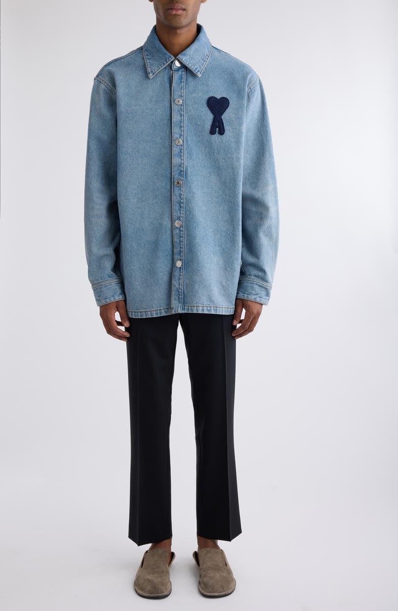 AMI PARIS Ami de Coeur Monogram Patch Denim Overshirt, Alternate, color, 480 Used Blue/480