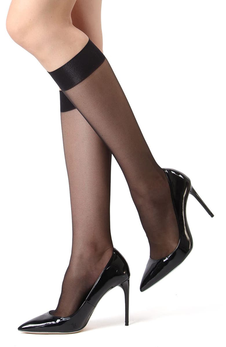 Natori Crystal Sheer Knee-High Socks, Main, color, Black