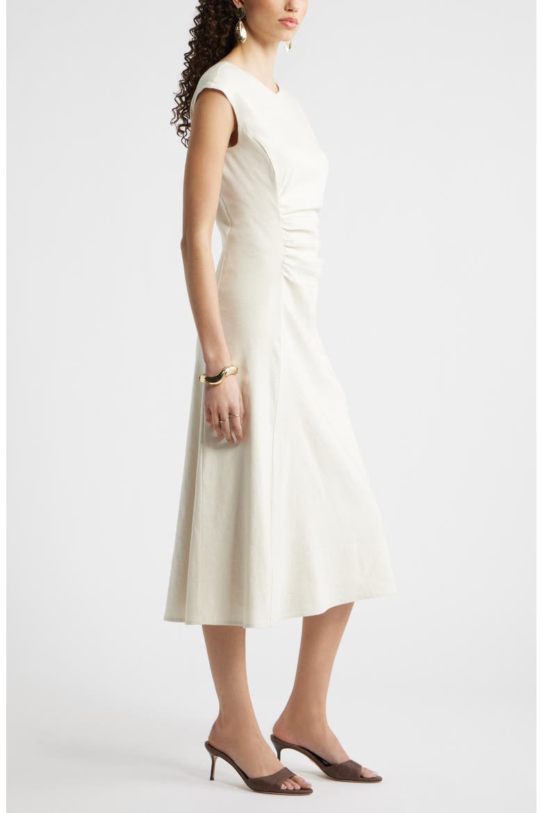 Linen Blend Ruched Midi Dress, Alternate, color, IVORY BIRCH