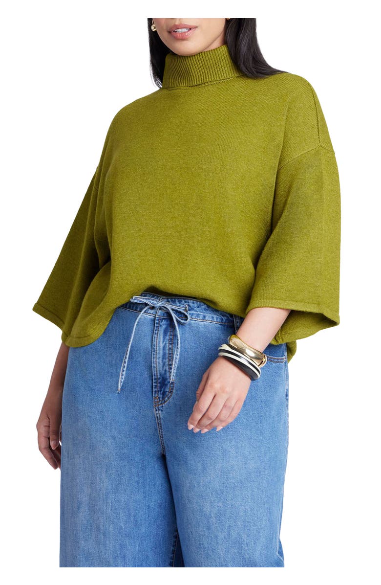 ELOQUII Boxy Three Quarter Sleeve Turtleneck, Main, color, Chartreuse