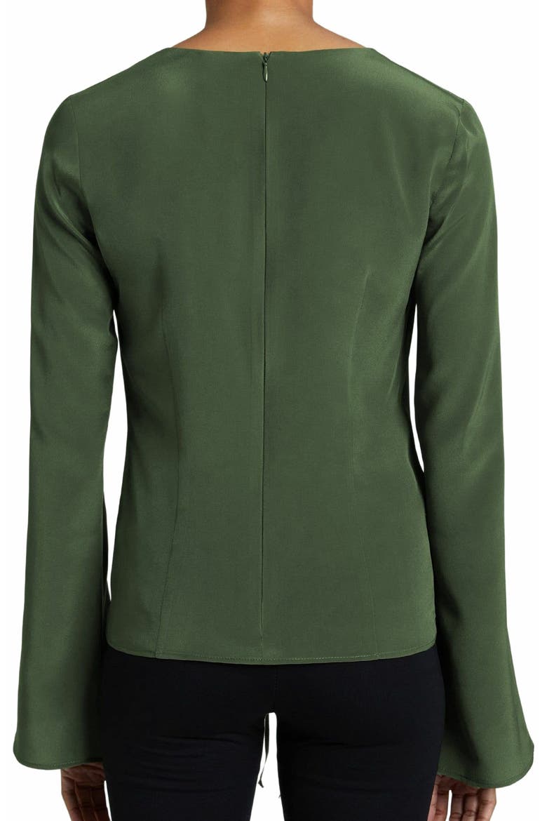 RAVELA Bell Sleeve Silk Blouse with Front Center Drawstring, Alternate, color, MOSS
