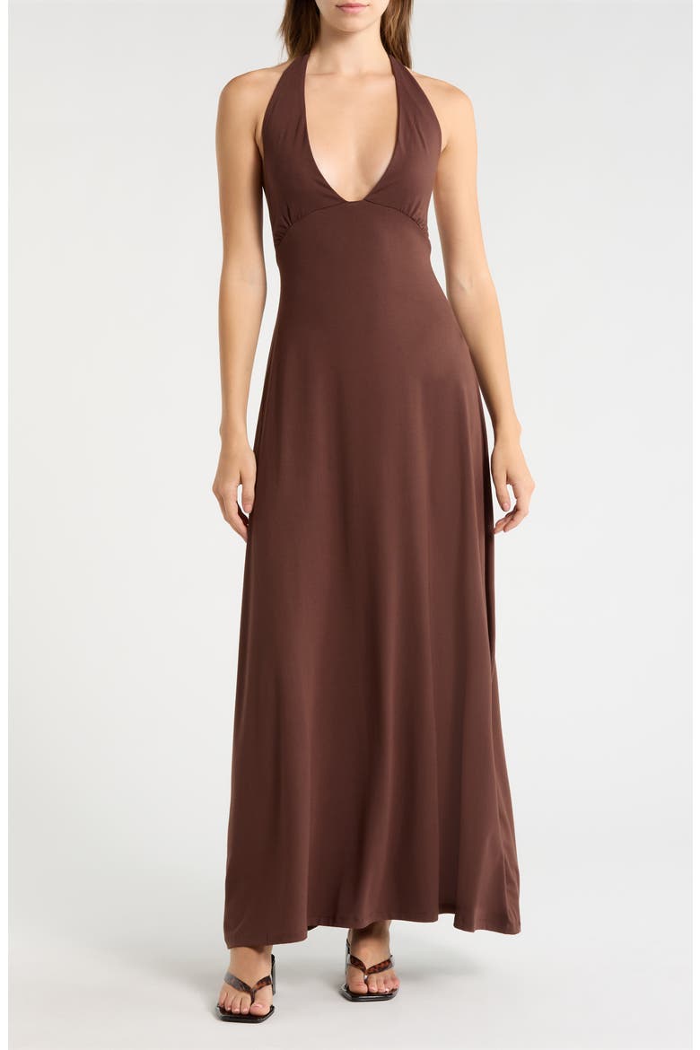 Alexa Plunge Halter Neck Midi Dress, Main, color, BROWN