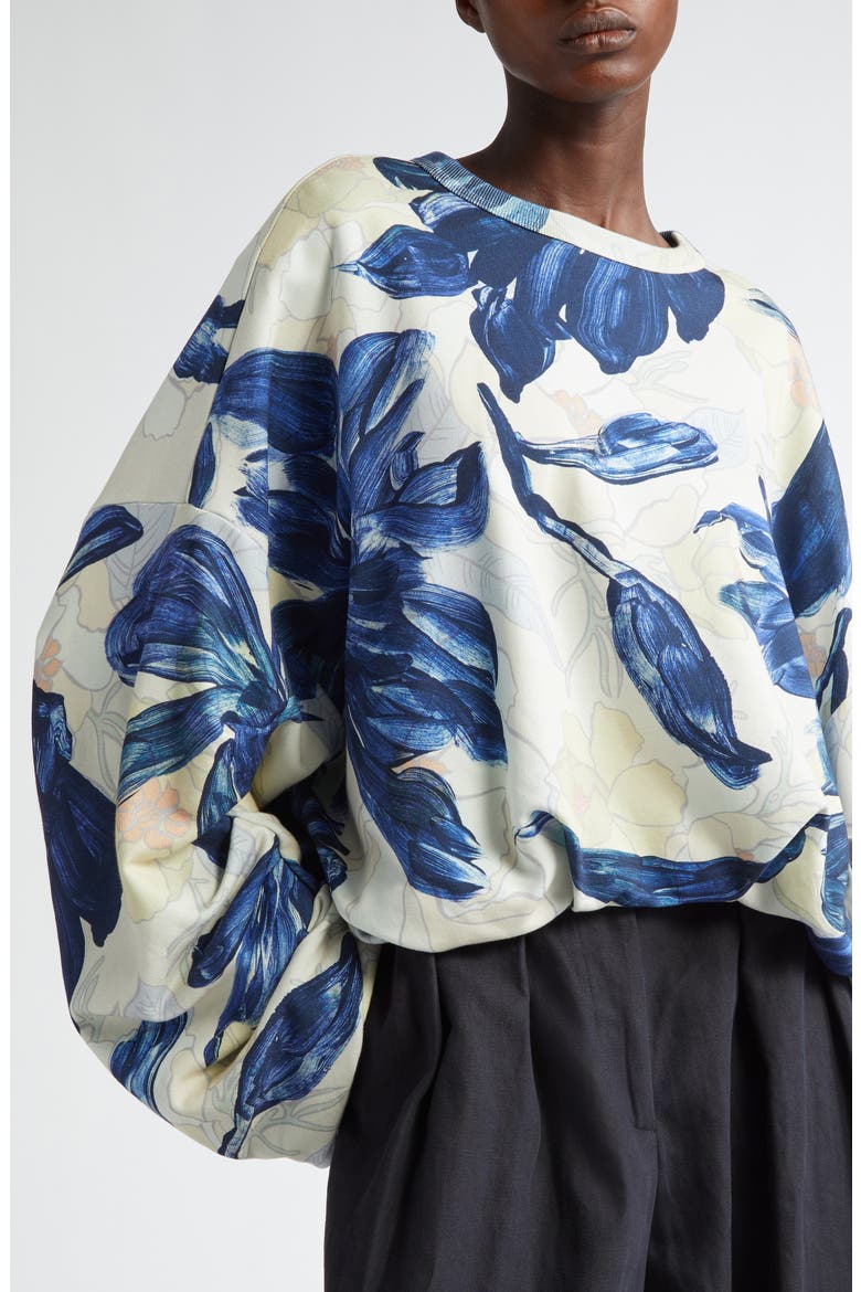 Hannet Floral Print Oversize Gathered Cotton Sweatshirt, Alternate, color, BLUE