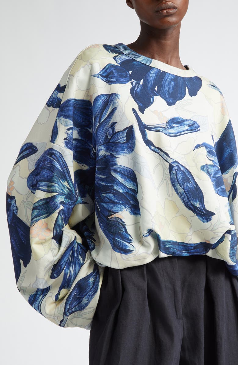 Dries Van Noten Hannet Floral Print Oversize Gathered Cotton Sweatshirt, Alternate, color, 