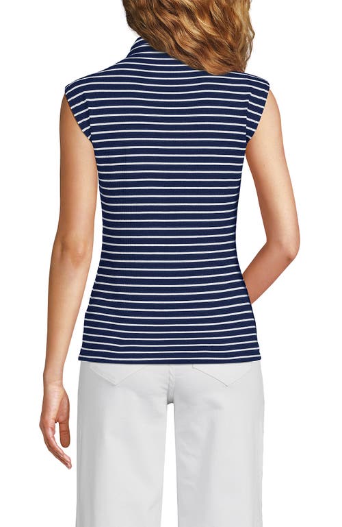 Lands' End Cap Sleeve Drapey Rib Fitted Funnel Neck Tank In Deep Sea Navy/ivory Stripe