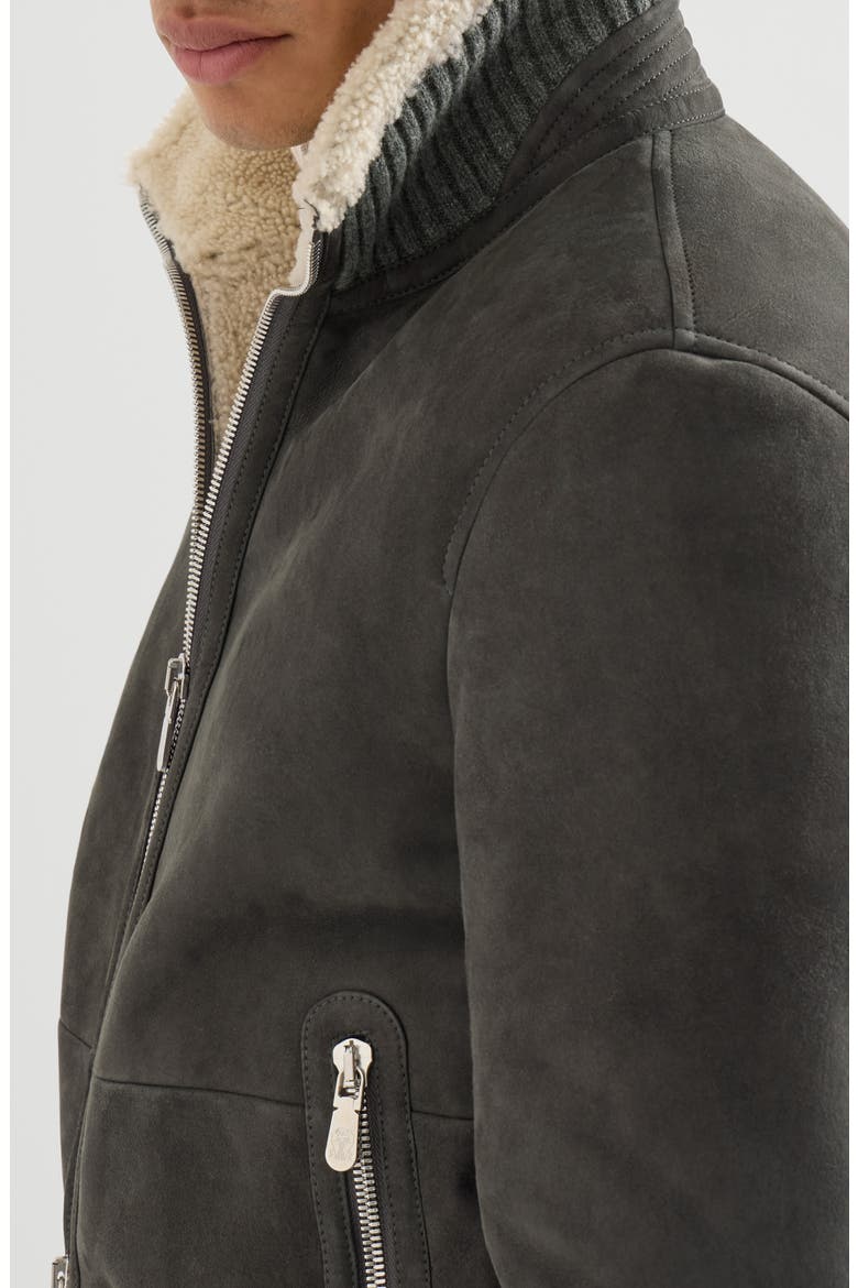 Suede curly shearling bomber jacket, Alternate, color, Grey