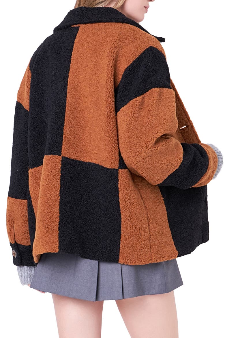 Oversize Check Teddy Jacket, Alternate, color, BLACK/ CAMEL