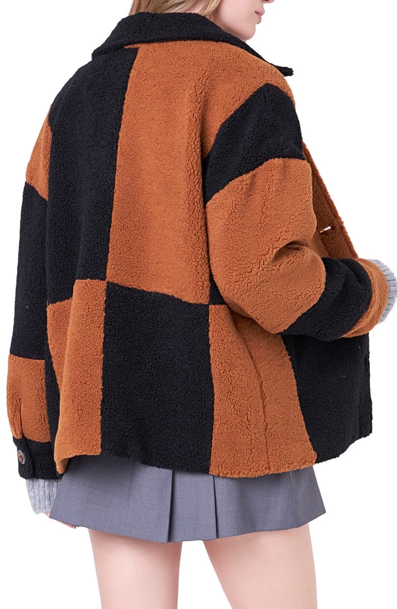 English Factory Oversize Check Teddy Jacket, Alternate, color, Black/ Camel