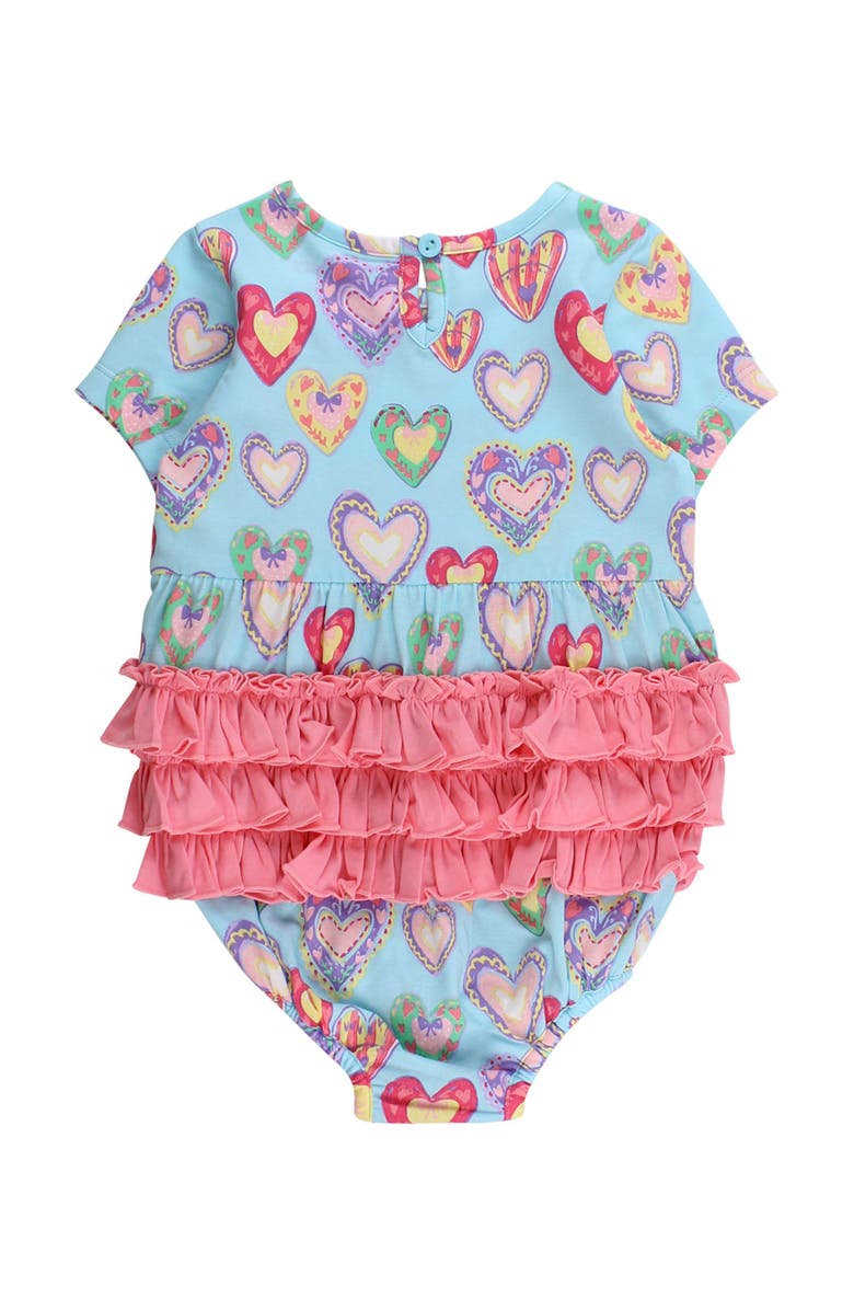 RuffleButts Knit Short Sleeve Bow Bubble Romper, Alternate, color, Painted With Love