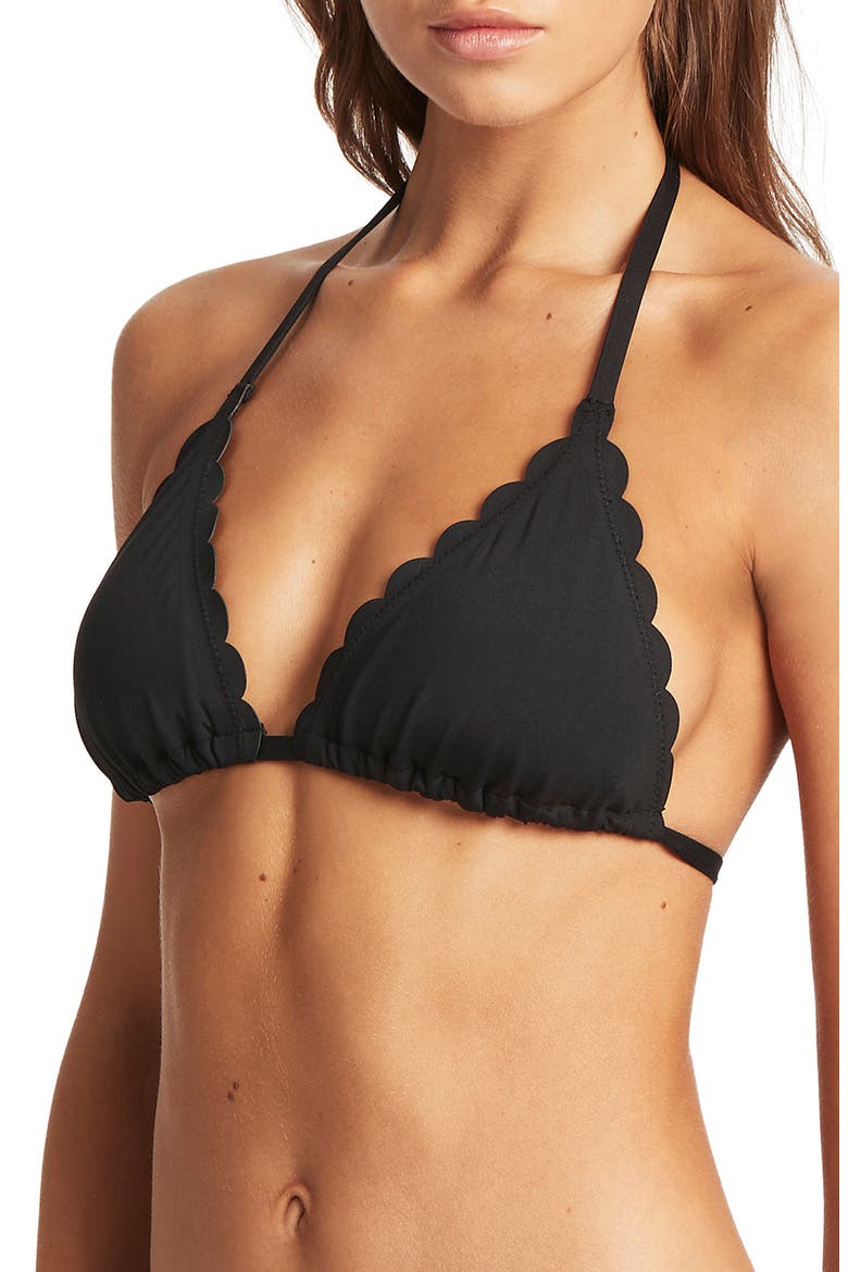 Scalloped Triangle Bikini Top, Alternate, color, BLACK