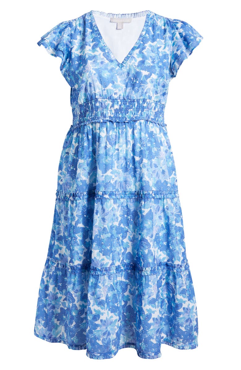 Chelsea28 Flutter Sleeve Clip Dot Tiered Midi Dress, Alternate, color, Blue- Tiana Floral