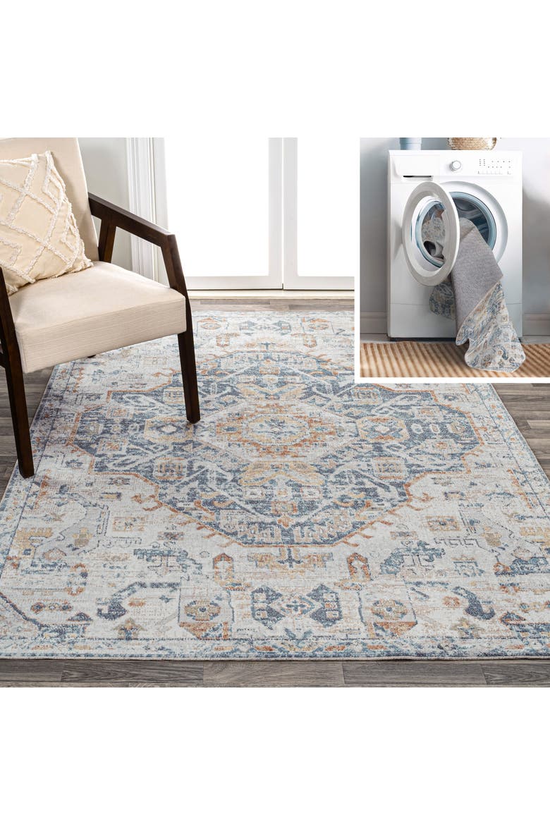 Shaemus Bohemian Medallion Low-Pile Machine-Washable Area Rug, Main, color, Cream/Blue/Terra