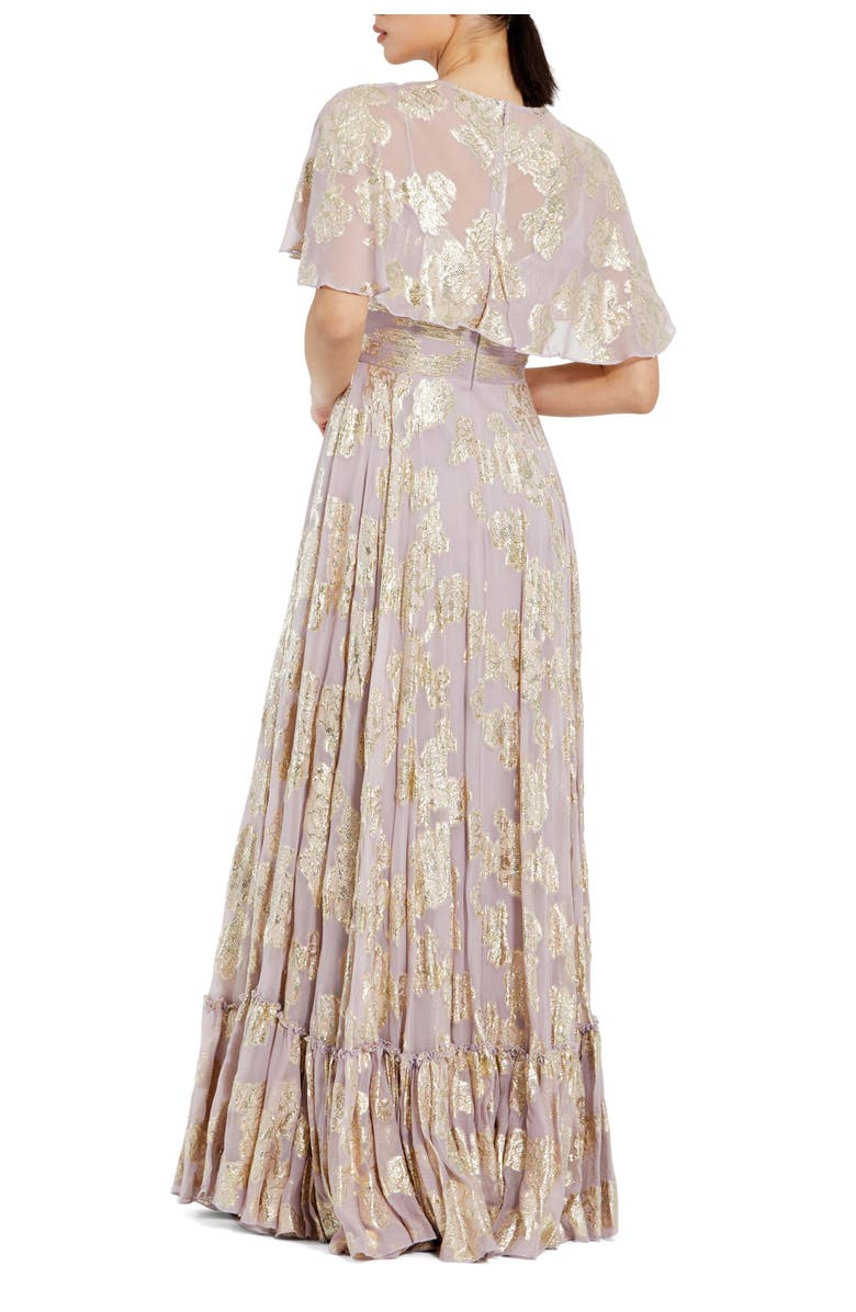 Mac Duggal Floral Print High Neck Cape Sleeve A Line Gown, Alternate, color, Vintage Lilac