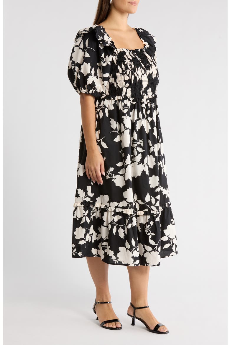 Mableton Floral Print Smocked Dress, Alternate, color, BLACK-CREAM