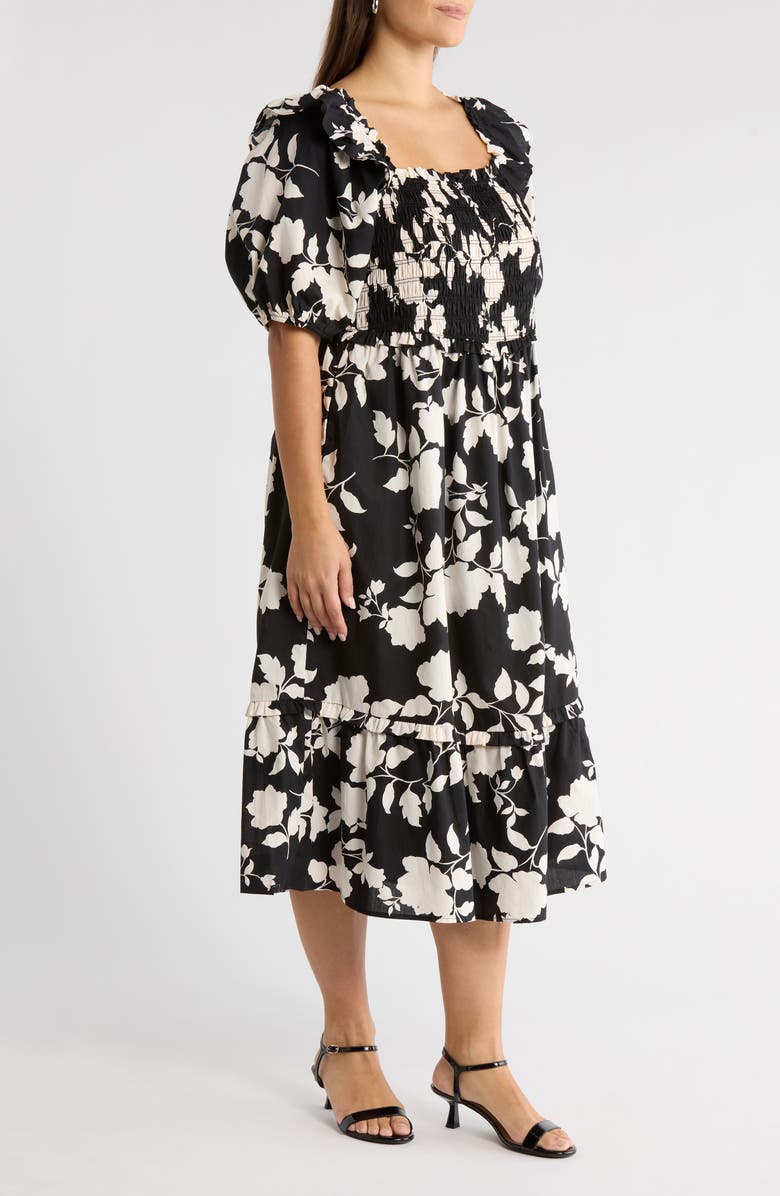 SUGARLIPS Mableton Floral Print Smocked Dress, Alternate, color, Black-Cream