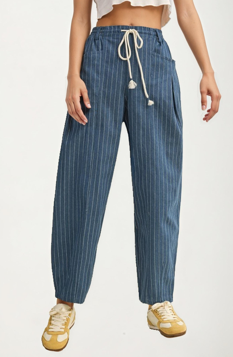 Striped Drawstring Denim Pants