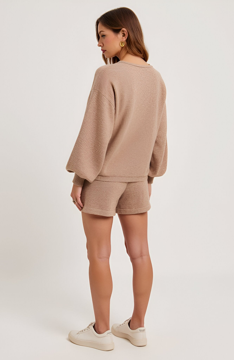 Modenaire Balloon Sleeve Knit Pullover and Drawstring Shorts Lounge Set, Alternate, color, Beige