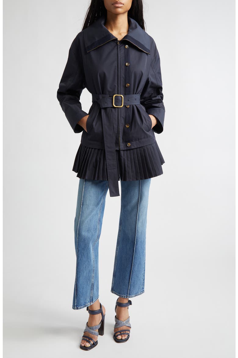 Lison Belted Jacket with Pleated Hem, Alternate, color, MIDNIGHT