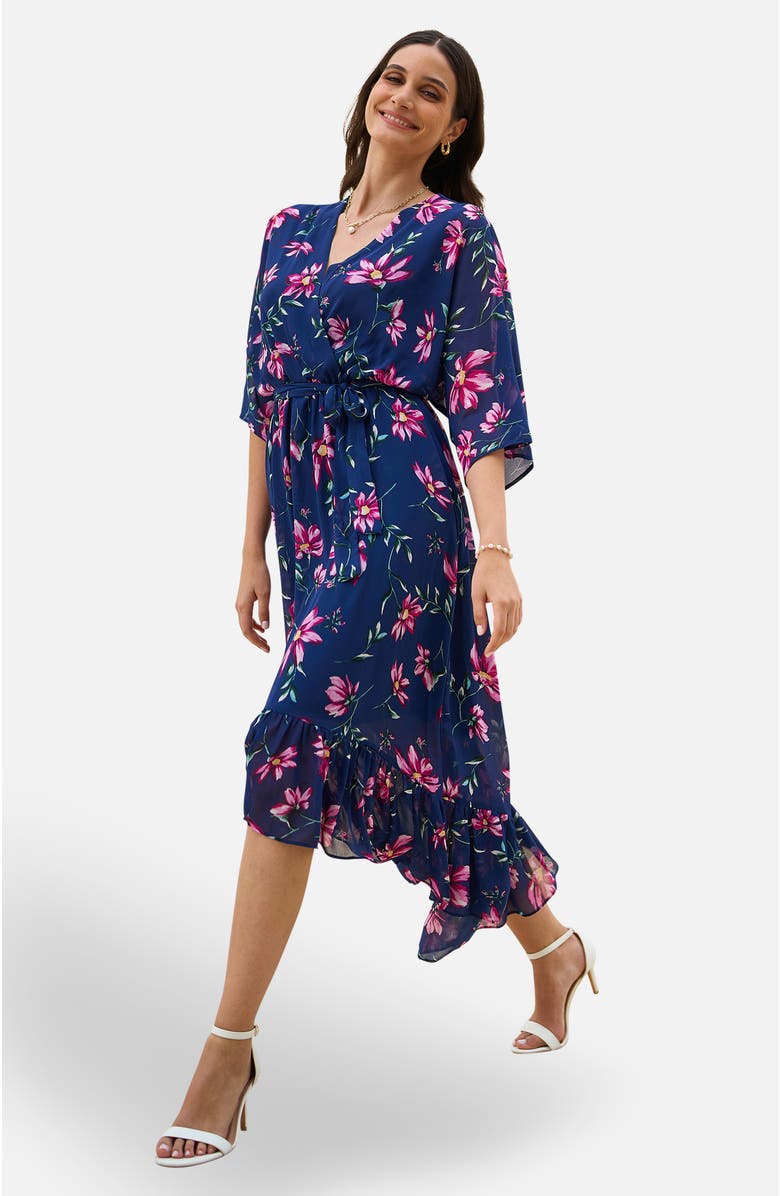 Yumi Floral Kimono Wrap Dipped Hem Midi Dress, Alternate, color, Navy