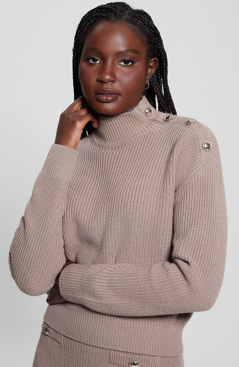 GUESS Zylee Button Shoulder Mock Neck Sweater, Alternate, color, 