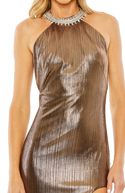 Mac Duggal High-neck Crystal Detail Metallic Slit Gown In Yellow
