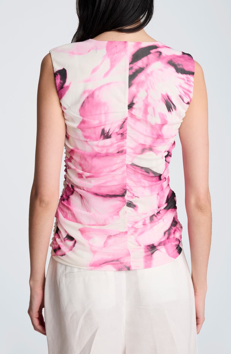 Kenneth Cole Floral Print Ruched Sleeveless Mesh Top, Alternate, color, Pop Pink Multi