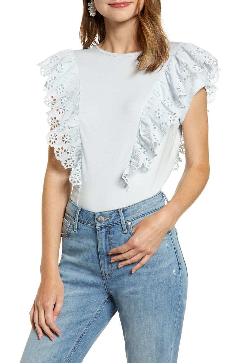 Eyelet Ruffle Tee, Main, color, BLUE AIR