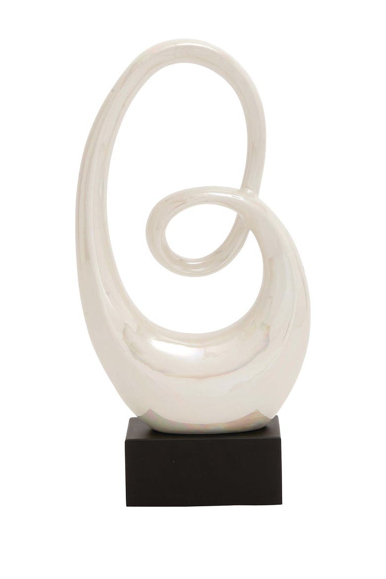 White Ceramic Swirl Abstract Sculpture with Black Base, Main, color, WHITE
