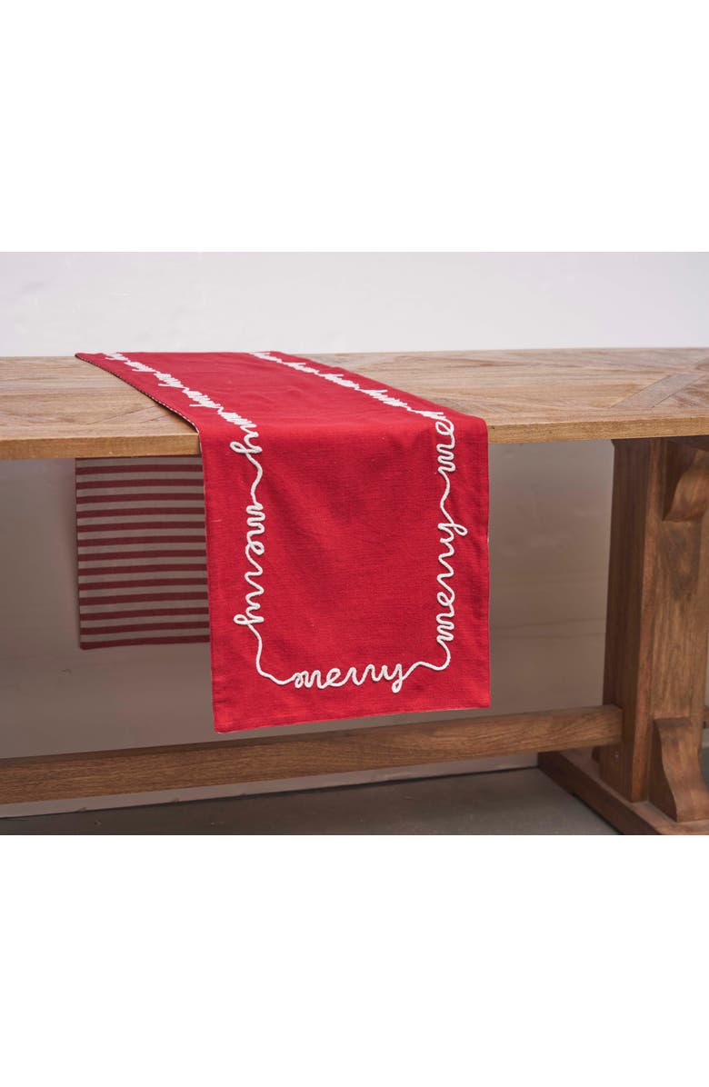 C&F Home "Merry" Cursive Script & Stripe 100% Cotton Christmas Table Runner 14" x 72", Alternate, color, Red