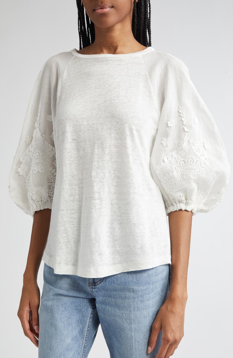 Zimmermann Lace Appliqué Lantern Sleeve Linen T-Shirt, Alternate, color, Ivory