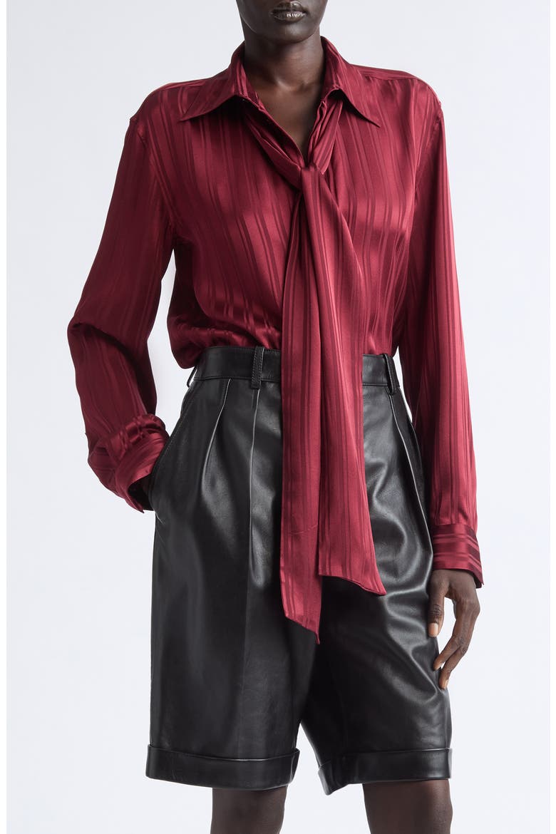Satin Stripe Tie Neck Shirt, Main, color, BORDEAUX