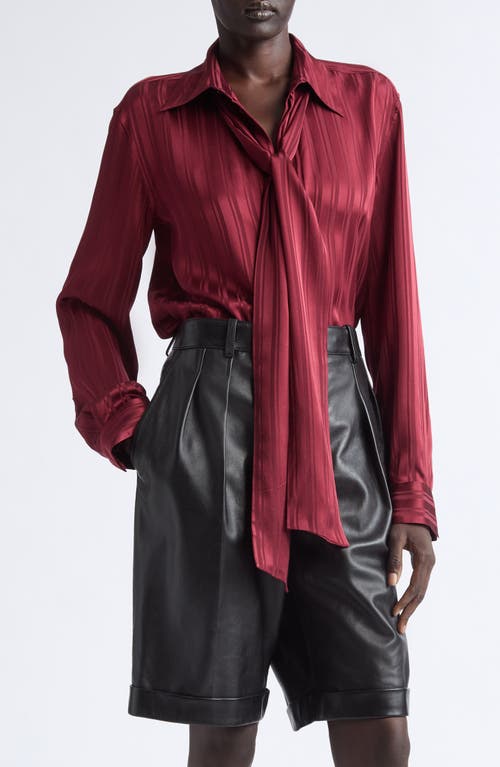 Saint Laurent Satin Stripe Tie Neck Shirt In Bordeaux