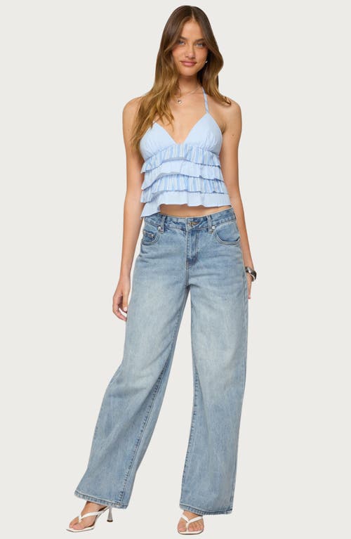 Edikted Tiered Ruffle Backless Striped Halter Top In Blue