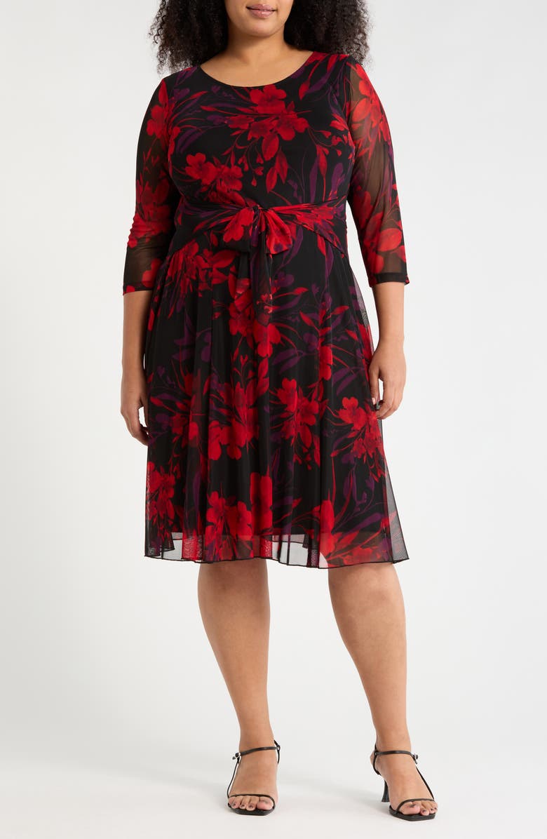 Connected Apparel Floral Long Sleeve Mesh Midi Dress, Main, color, Ruby