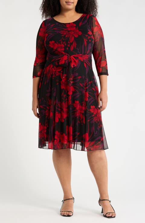 Floral Long Sleeve Mesh Midi Dress (Plus)