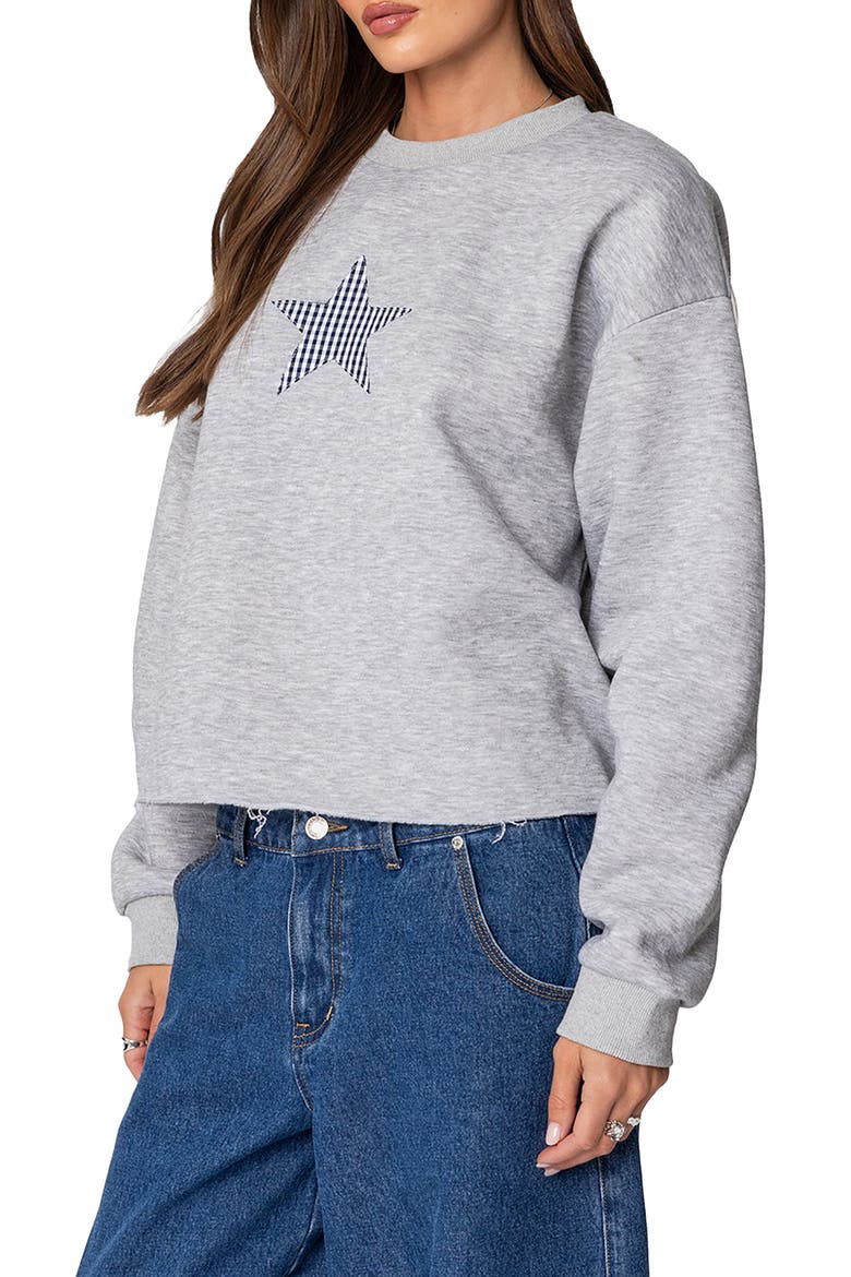 Gingham Star Appliqué Raw Hem Sweatshirt, Alternate, color, GRAY-MELANGE