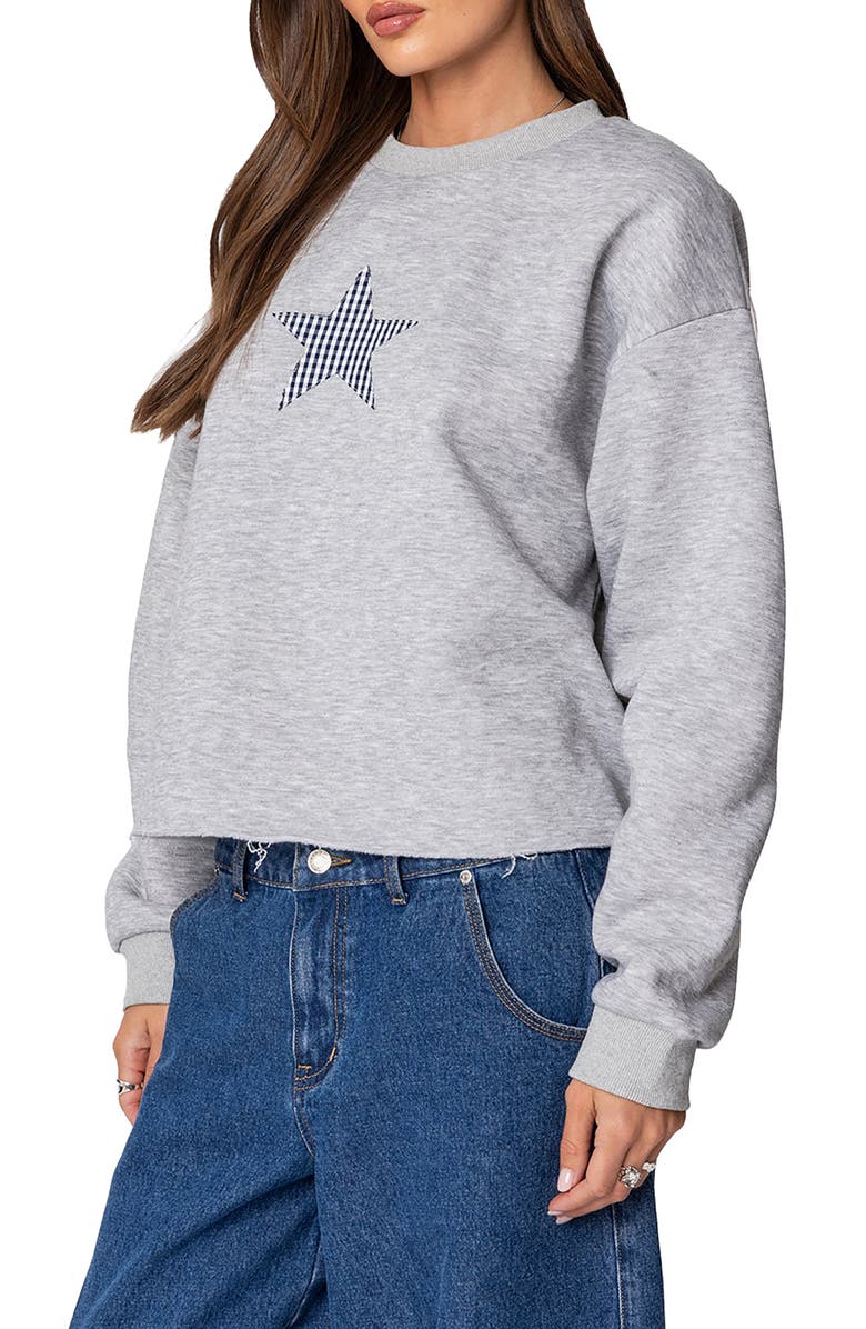 EDIKTED Gingham Star Appliqué Raw Hem Sweatshirt, Alternate, color, Gray-Melange