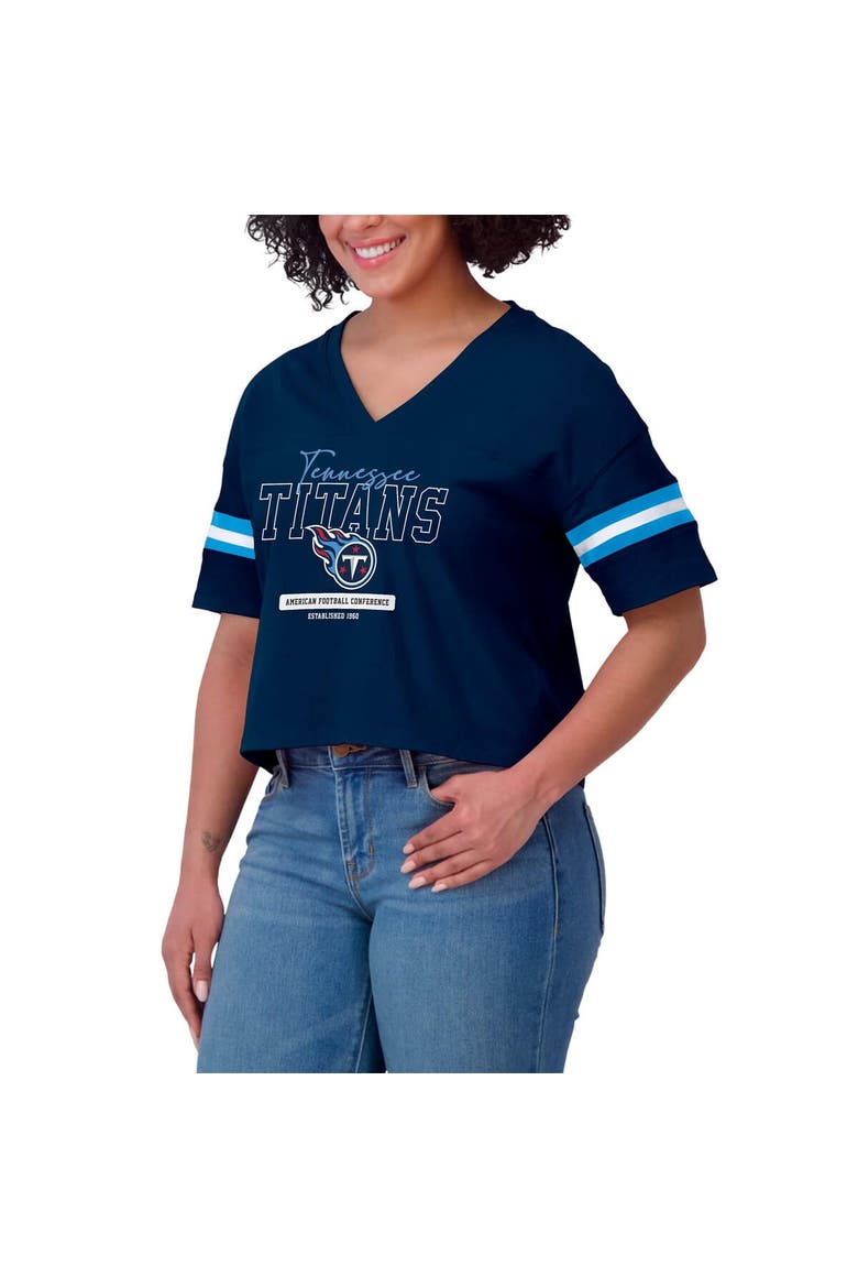 Women's WEAR by Erin Andrews Navy Tennessee Titans Color Block Boxy Modest Crop V-Neck T-Shirt, Alternate, color, Navy